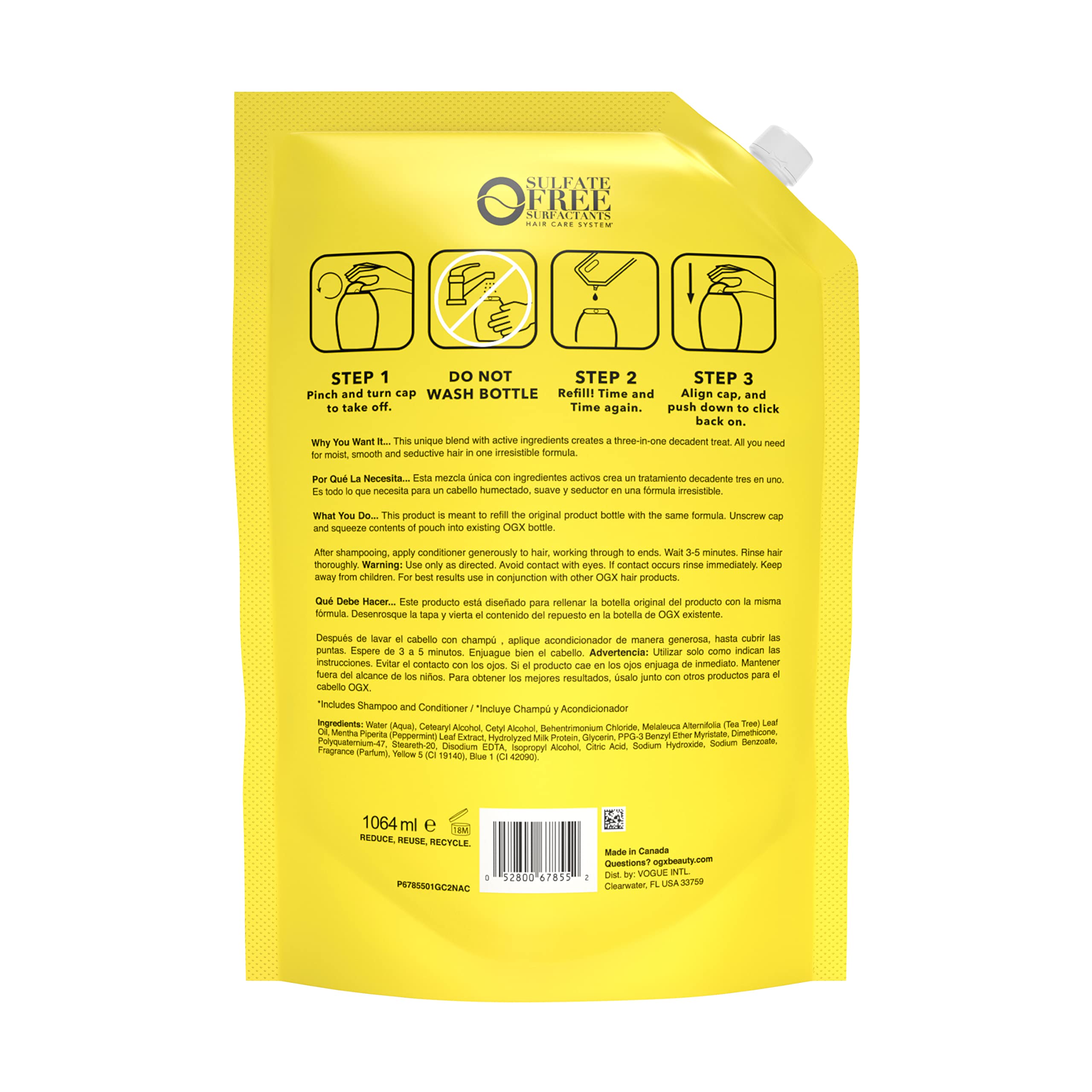 OGX Hydrating + Teatree Mint Conditioner Refill Pouch for Strong Healthy-Looking Hair, 36 Fl Oz