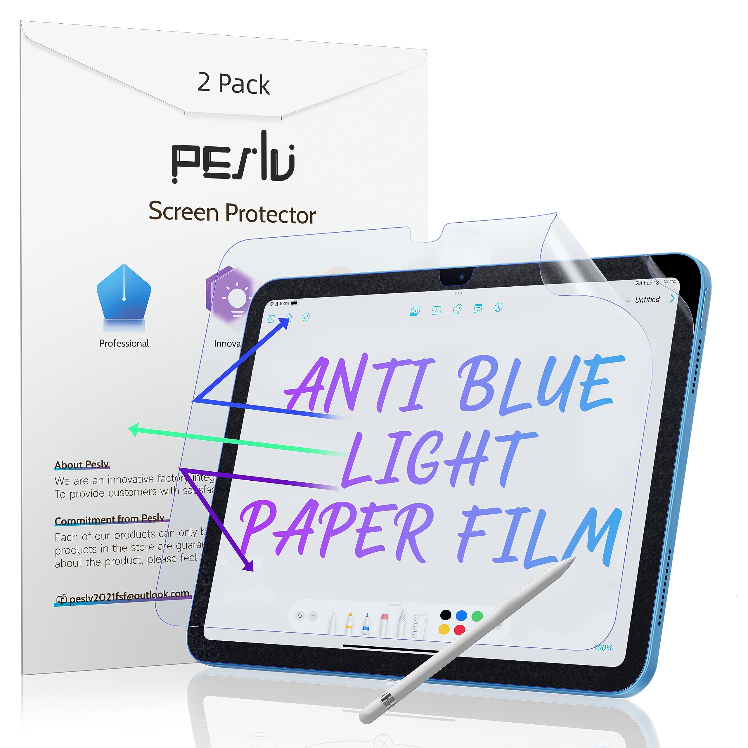 Peslv 2 Pack Anti Blue Light Paper Film for iPad 10th Gen 2022 (10.9 Inch), Drawing & Writing Feel Like on Paper, Matte Anti Glare PET Screen Protector, BlueLight Filter Eye Protection Cover