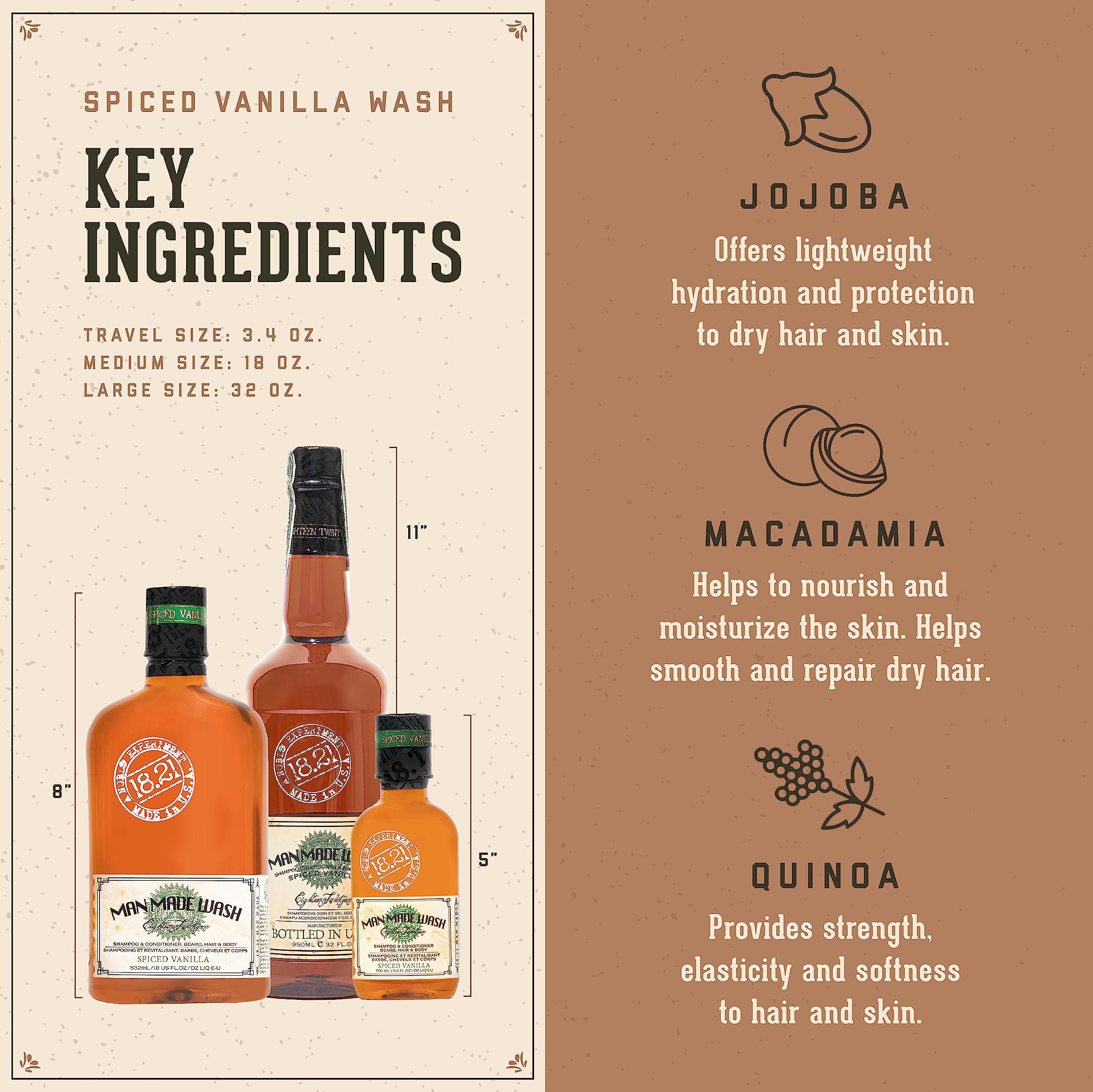 18.21 Man Made Original Spiced Vanilla 3-in-1 Body Wash, Shampoo, & Conditioner for Men, All Hair & Skin Types, Strengthens and Moisturizes in a Manly Aroma, 3.4 oz