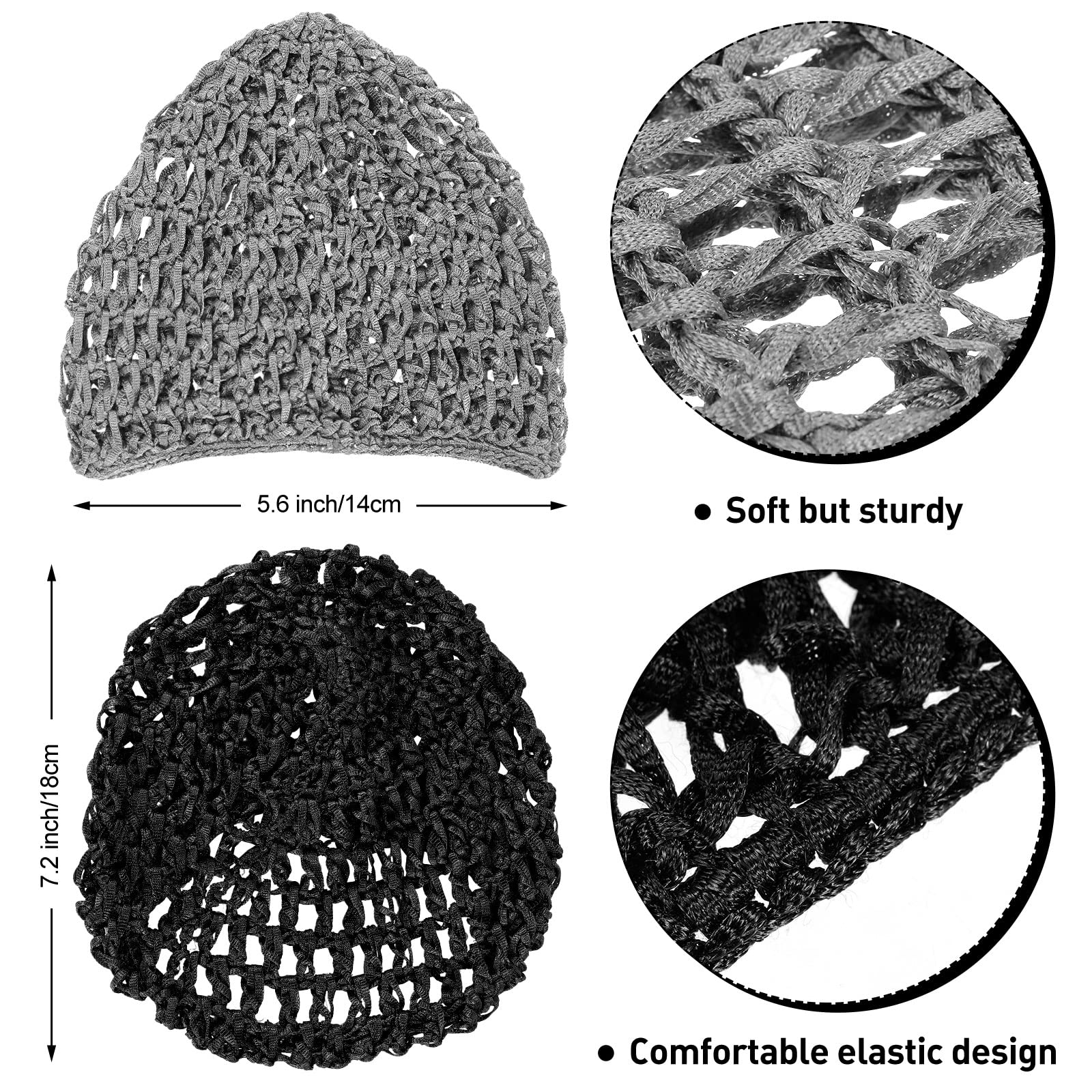 2 Pieces Mesh Crochet Hair Net Rayon Knit Snood Hat Cover Crocheted Sleep Cap for Women (Black, Gray)