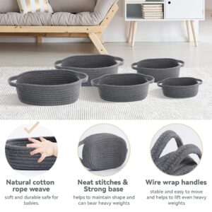 VOOWO Set of 5 Rope Basket, Woven Rope Baskets for Storage, Baskets for Gifts Empty, Small Rope Basket for Organizing, Nursery Rope Basket, Cotton Rope Basket, Woven Basket for Shelves (Dark Gray)