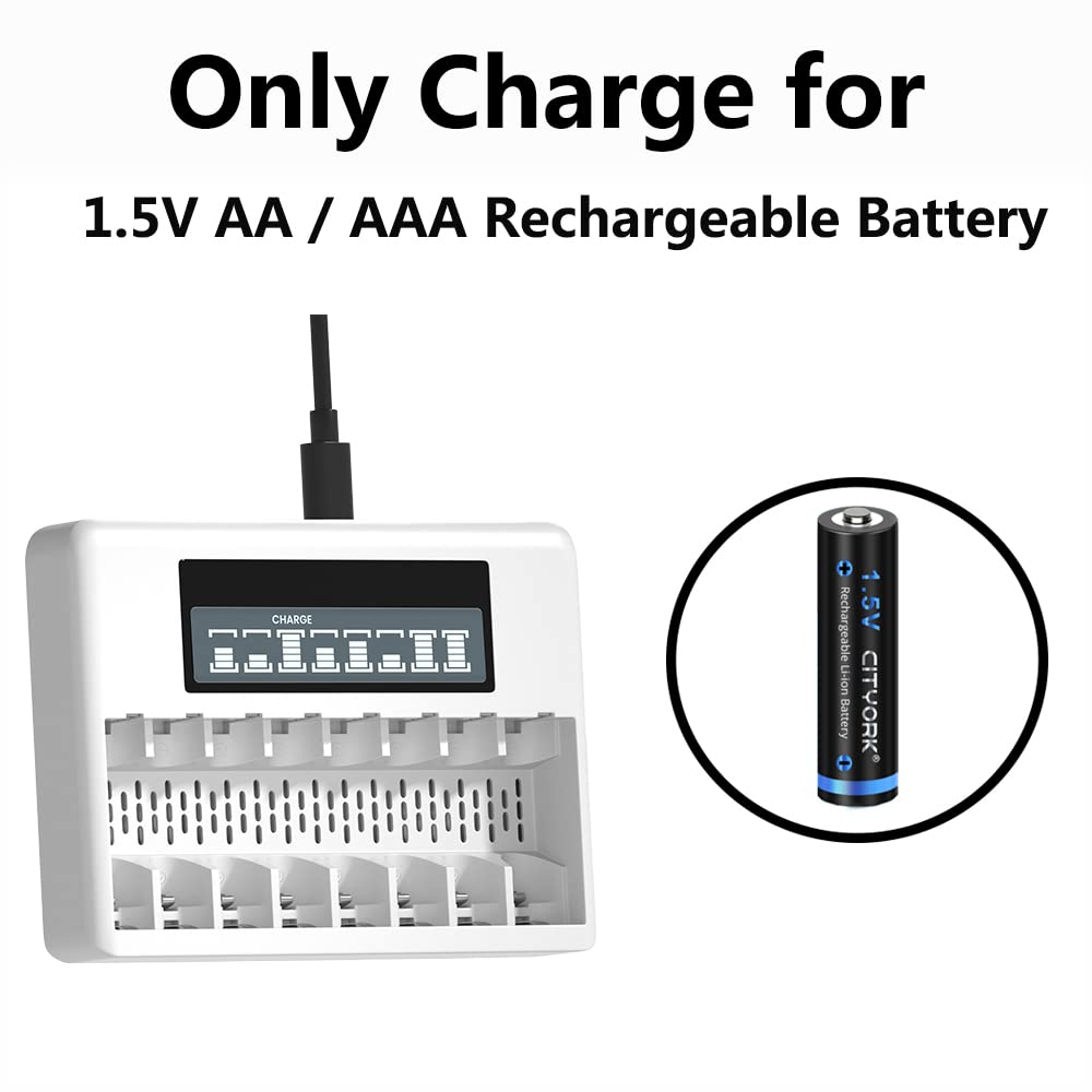 CITYORK 1.5V Rechargeable Lithium Battery with Charger, 4 Pack 1.5V AA 3000mWh and AAA 1200mWh Rechargeable Lithium Battery, LCD Display Quick Independent Battery Charger