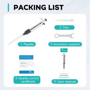 LAB FISH Laboratory Micropipette 2-10ml Capacity High Accurate Single Channel Pipettor Manual Adjustable Volume Pipettes Increment 0.1ml with 20pcs 10ml Pipette Tips Set