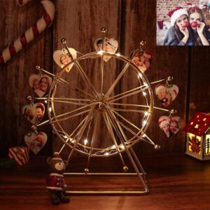 Spinning Ferris Wheel with Personalized 1-12 Heart Photo Custom Metal Desktop Picture Frame with LED Light for Home Décor Christmas Birthday Gifts (Gold)