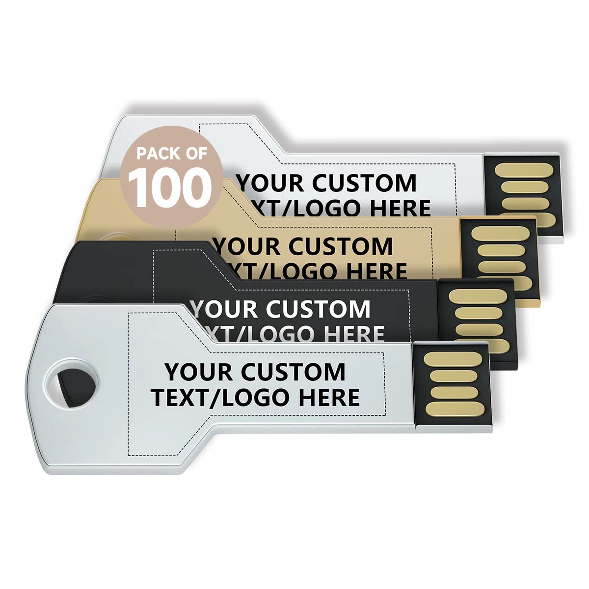 Paintechz Custom Key USB Flash Drives 100 Pack, Personalized Logo Bulk - as Corporate Gifts and Promotional Giveaways - 4GB