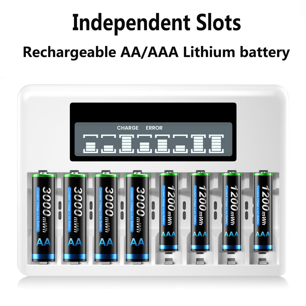 CITYORK 8 Pack Rechargeable AA Lithium Batteries with 8 Bay Charger, 8 Pack 1.5 V Rechargeable AA 3000mWh Lithium Battery with 8 Bay LCD Fast Battery Charger