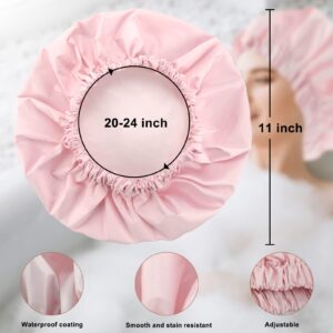 Reusable Shower Cap for Women, Large Waterproof Shower Bonnet Washable Elastic Band Bath Hair Hat for Long Hair, Braids(Pink)