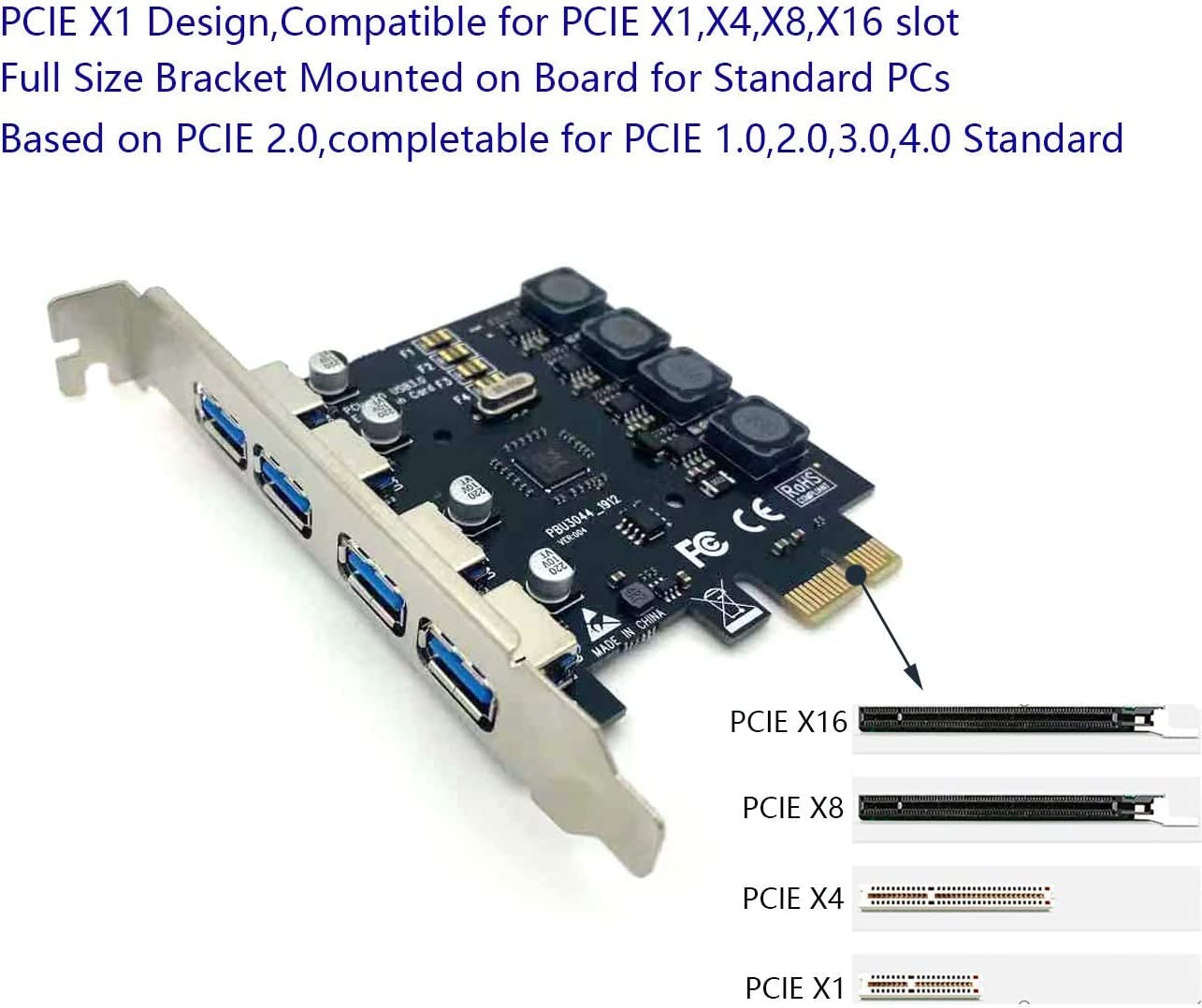 4 Ports PCIE USB 3.0 Card Super Speed 5Gbps PCI Express (PCIe) Expansion Card for Windows 11/10/8.1/8/7/Vista/XP/Server