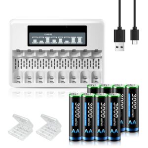 cityork 8 pack rechargeable aa lithium batteries with 8 bay charger, 8 pack 1.5 v rechargeable aa 3000mwh lithium battery with 8 bay lcd fast battery charger