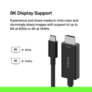 Belkin USB Type C to HDMI 2.1 Cable, 6.6FT/2M Cable with 8K@60Hz, 4K@144Hz, HDR, HBR3, DSC, HDCP 2.2, Works with Chromebook Certified, Compatible with MacBook, iPad Pro and Other USB C Devices