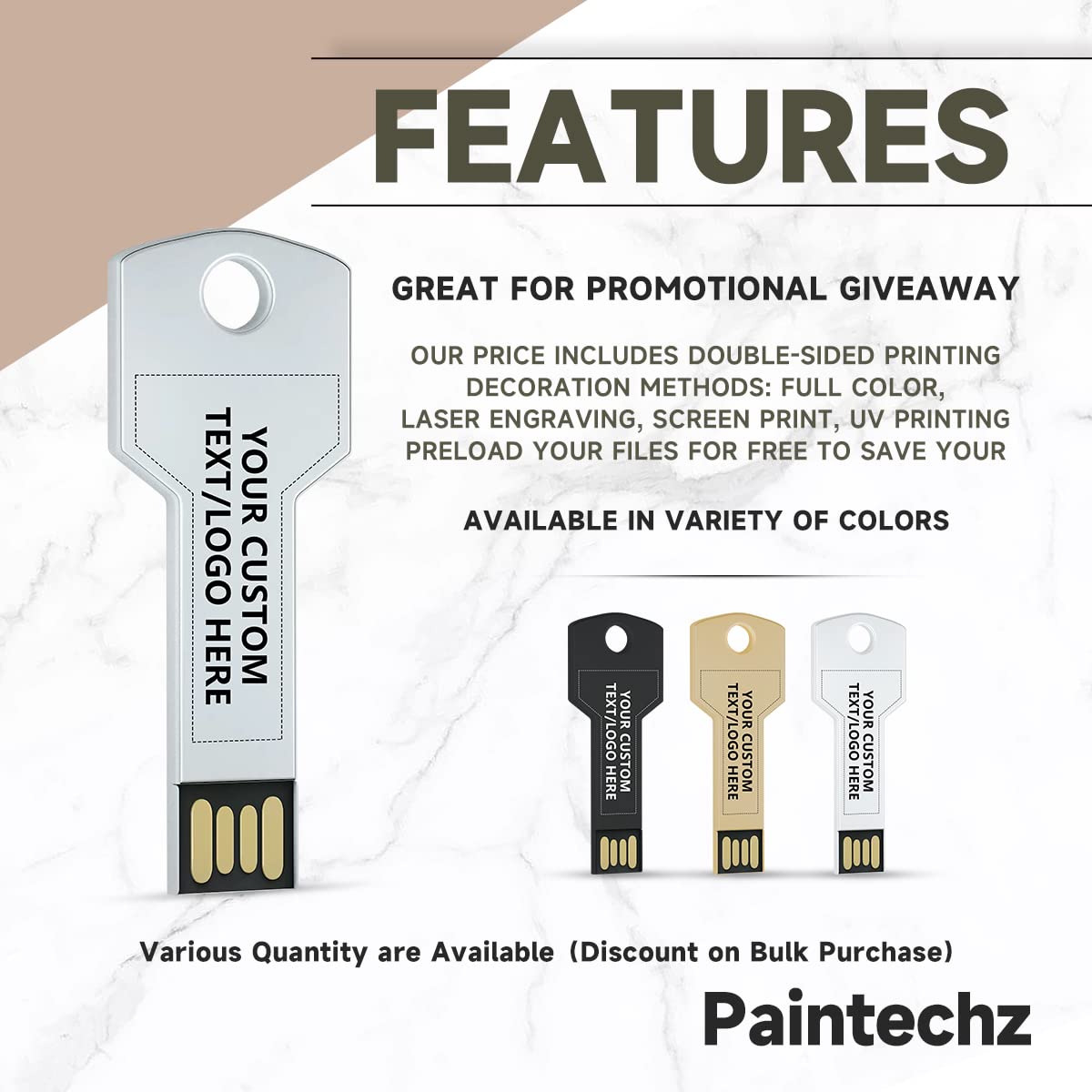 Paintechz Custom Key USB Flash Drives 50 Pack, Personalized Logo Bulk - as Corporate Gifts and Promotional Giveaways - 512MB