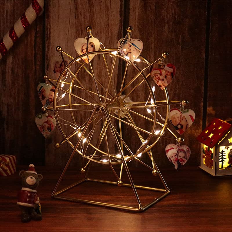 Spinning Ferris Wheel with Personalized 1-12 Heart Photo Custom Metal Desktop Picture Frame with LED Light for Home Décor Christmas Birthday Gifts (Gold)