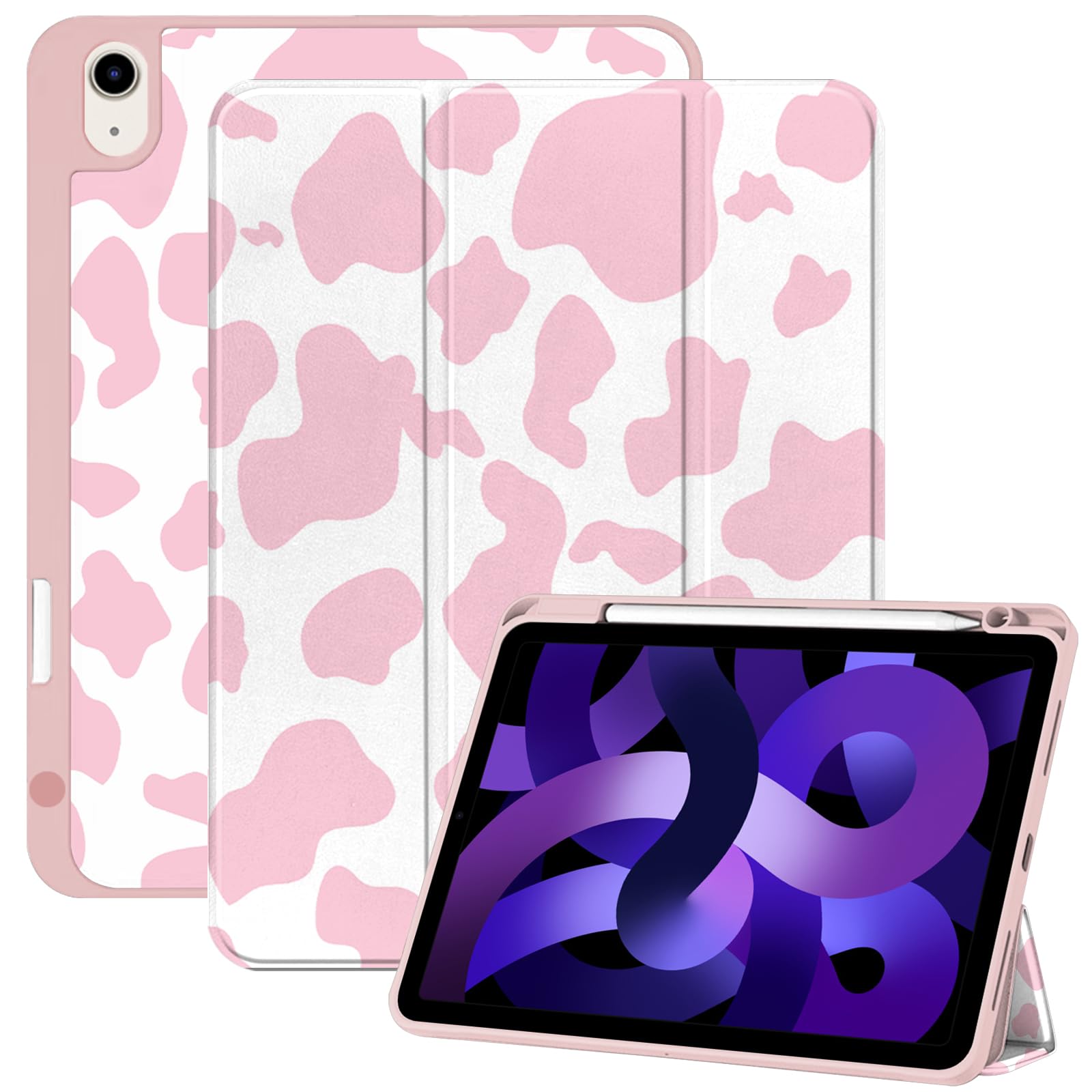 Deokke Compatible with iPad Air Case 11 Inch 2024 5th/4th Generation 10.9 Inch (2022/2020) with Pencil Holder TPU Back Case Auto Sleep/Wake Cover Women Girls-Pink Cow Pattern Western