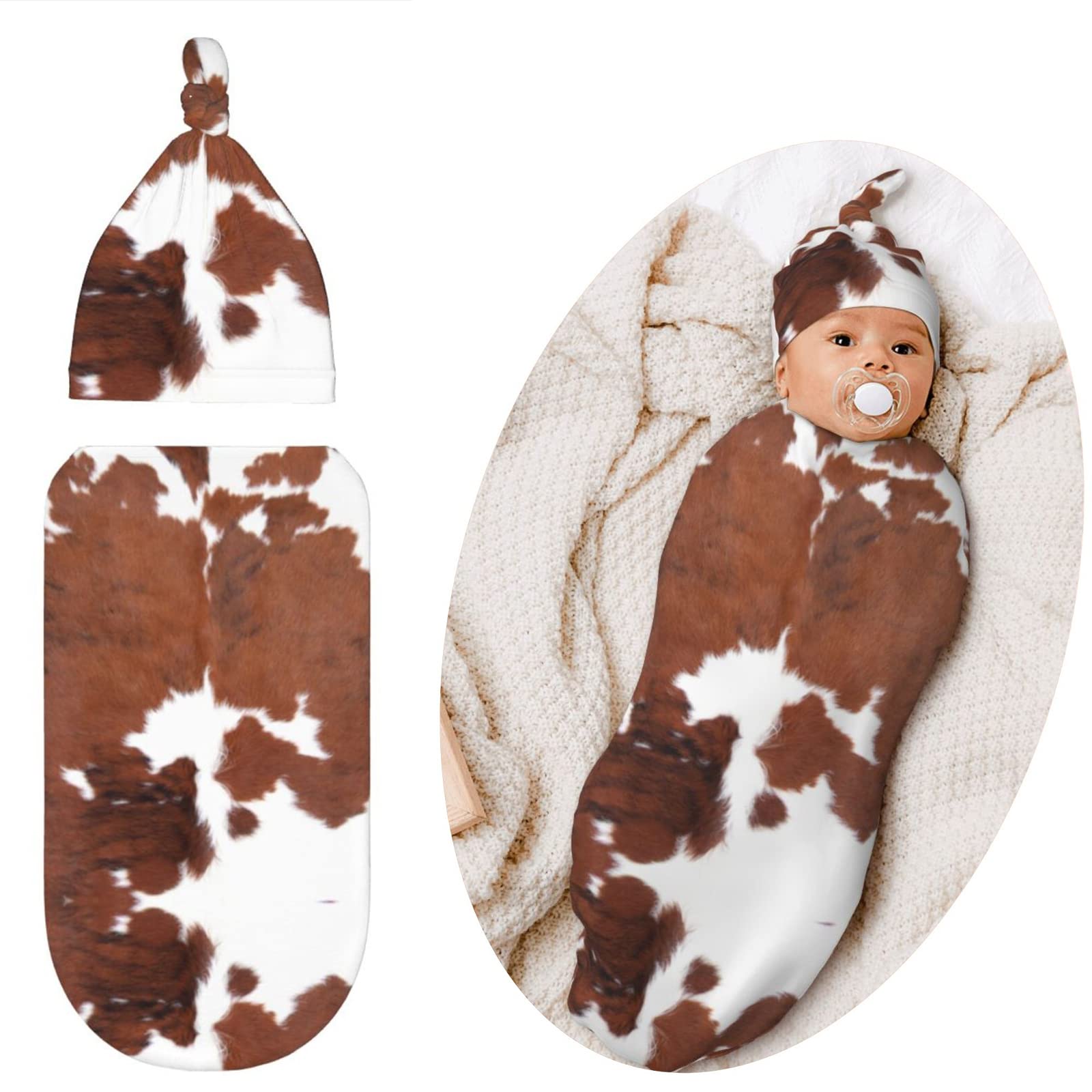 Jarverce Cowhide Print Swaddling Blanket for Baby, Soft Sleeping Bag, Sack for Newborn Boys Girls, Unisex Baby Stuff, Highland Cow