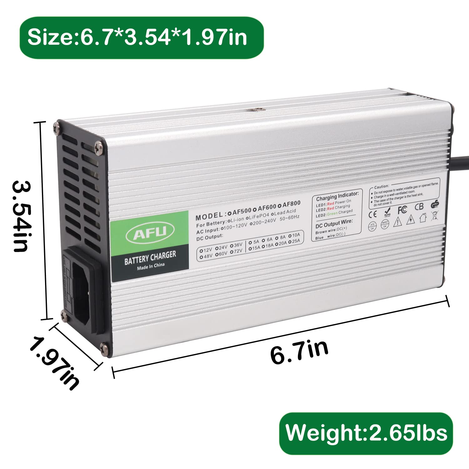 84V 4A Lithium Charger with Cooling Fan Silver Aluminum Case Safe and Durable Used for 20S 72V Lithium Battery Smart Charger DC Output XT60 Male Connector