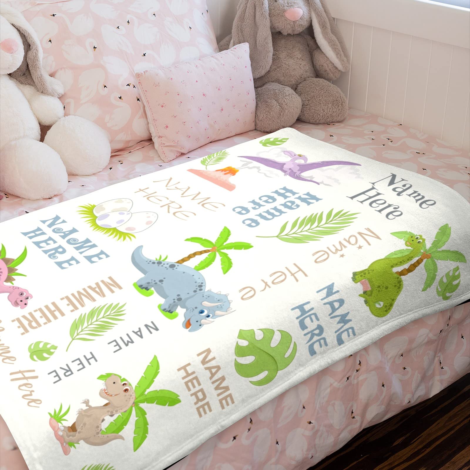 Personalized Dinosaur Throw Blanket for Kids Boys, Dinosaur Design Custom Name Baby Blanket, Baby Swaddle Blankets with Cute Animal, Customized Swadding Blanket for Toddler Newborn Birthday Gifts