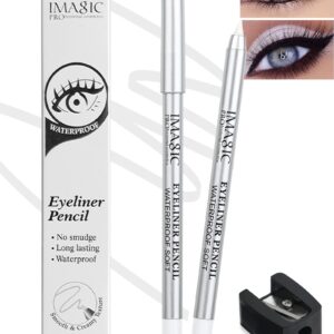 White Waterproof Gel Eyeliner Pens, Highlighter Eye Liner Pencil, Matte Long Lasting Super Smooth formula White Eye Liner Eyeshadow Makeup Pen, Polished White Luster, with Pencil Sharpener-1Pcs