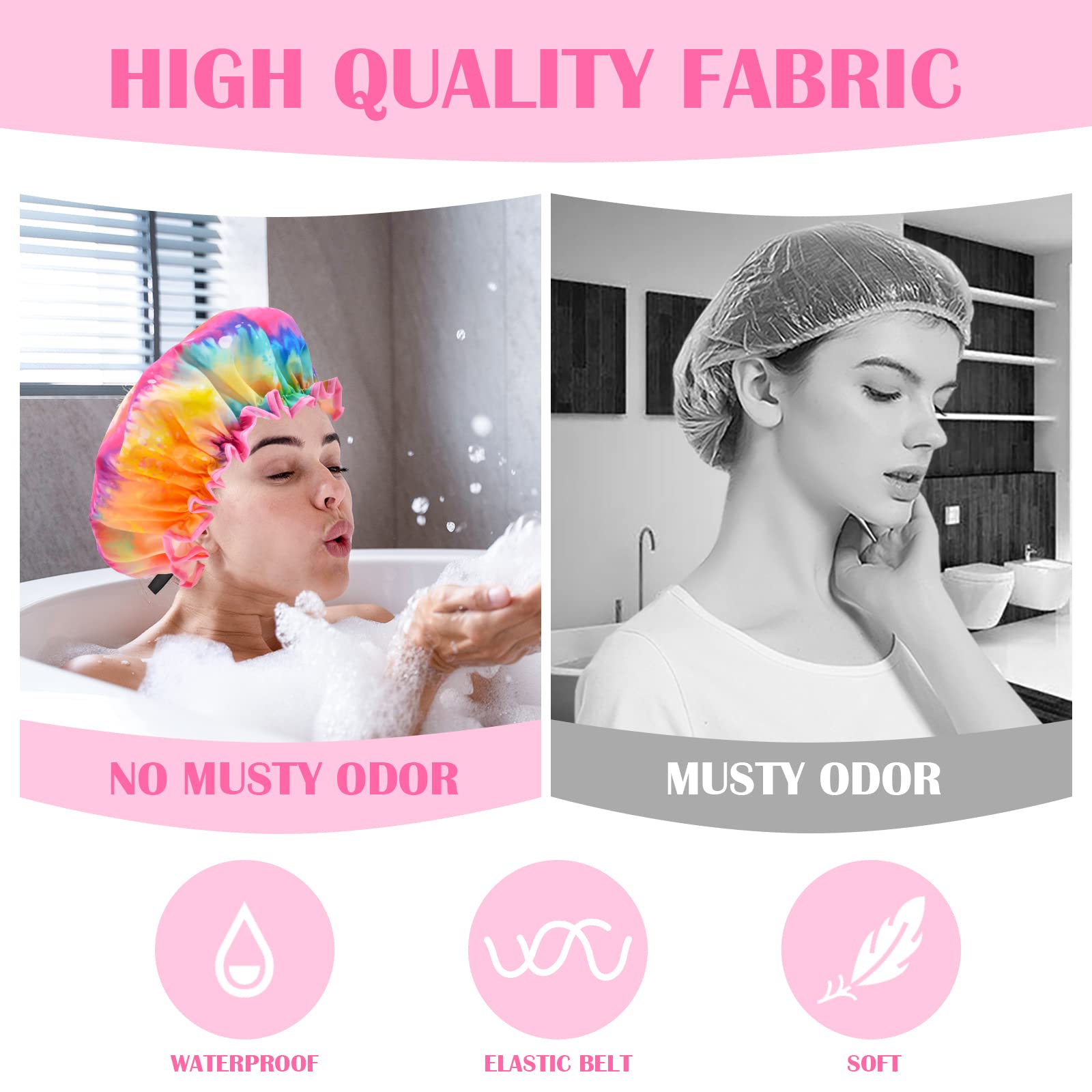 Shower Cap for Women, 3 Pcs Adjustable Shower Cap for Women Girls, Unicorn Wide Elastic Band, Plastic Reusable Waterproof, Large Shower Cap for Long Hair Reusable Waterproof Shower Caps for Ladies