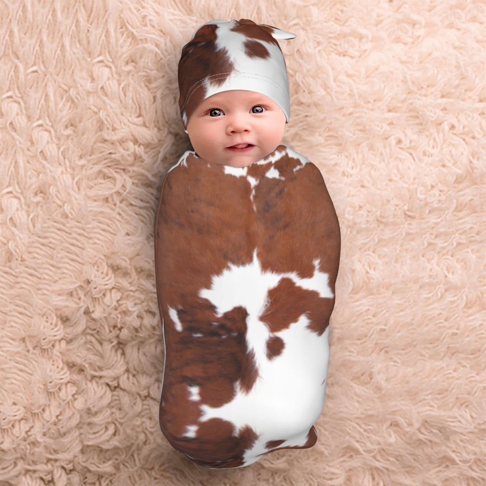 Jarverce Cowhide Print Swaddling Blanket for Baby, Soft Sleeping Bag, Sack for Newborn Boys Girls, Unisex Baby Stuff, Highland Cow