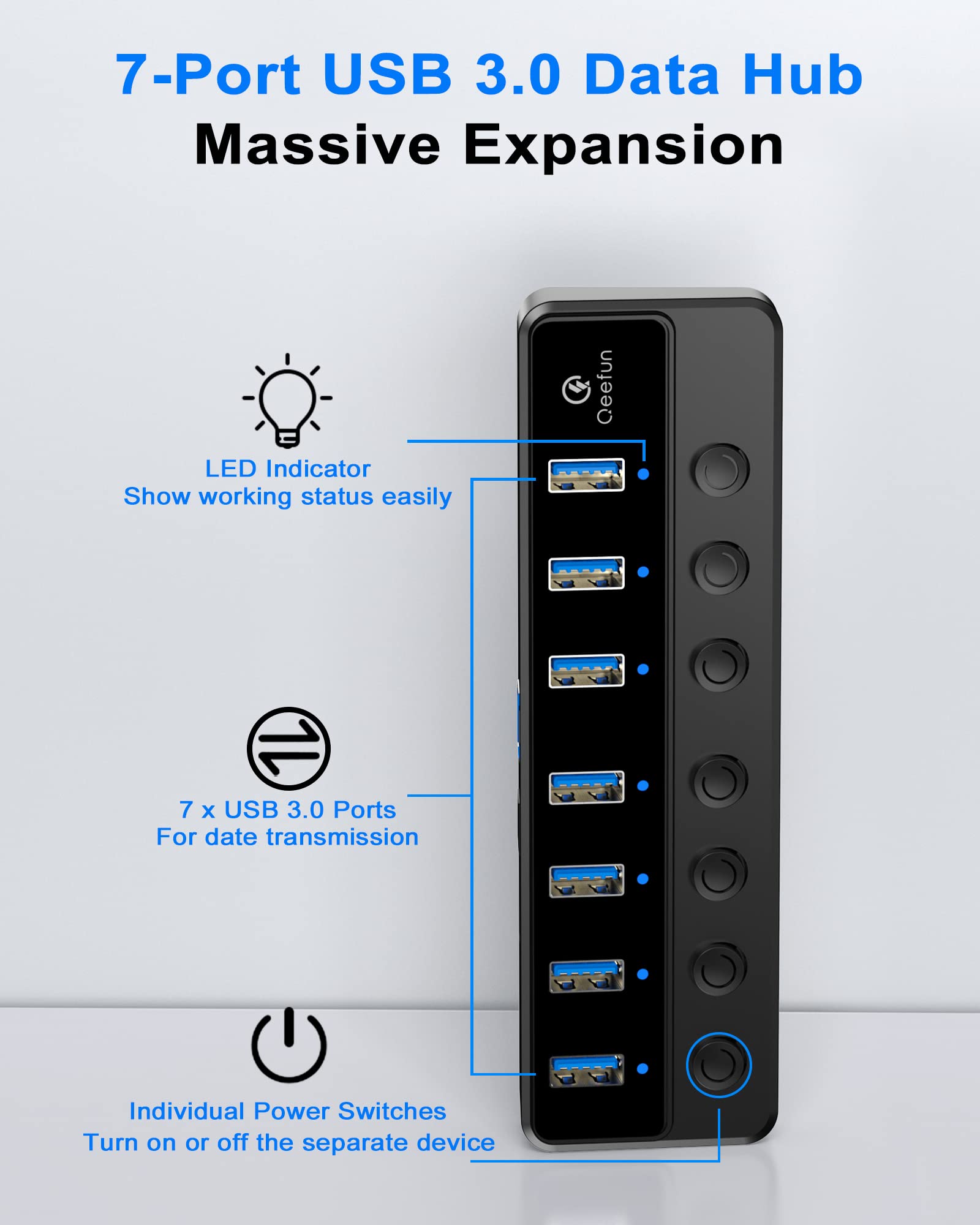 7-Port USB 3.0 Hub, Qeefun 3.0 Powered, USB Adapter USB Extender USB Port Expander USB hub for Laptop, PC, USB Flash Drives, and More ……