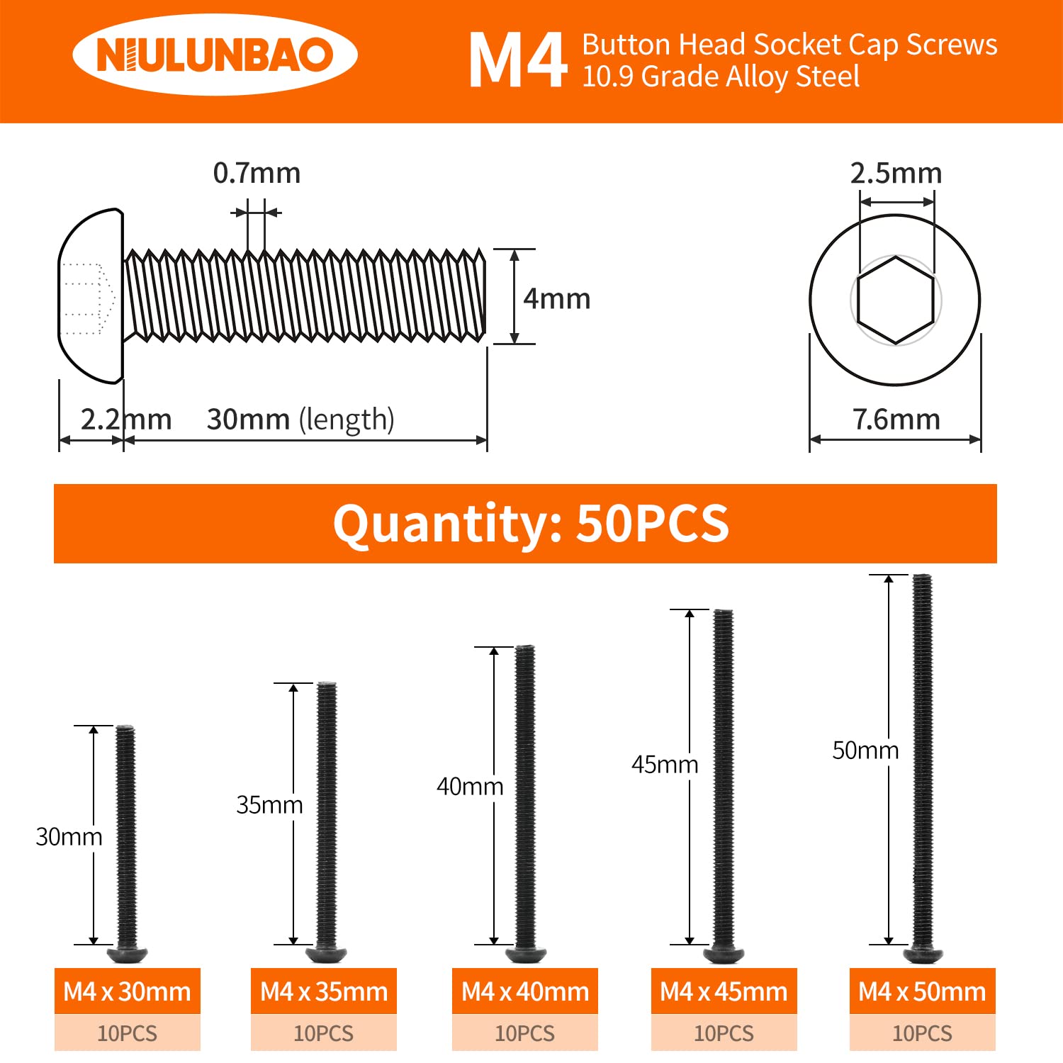 NIULUNBAO M4 x 30mm 35mm 40mm 45mm 50mm Button Head Socket Cap Screws Bolts, 10.9 Grade Alloy Steel Metric, Black Oxide Finish, Allen Hex Drive, Machine Fully Threaded, Assortment Kit 50PCS