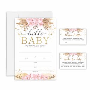 baby shower invitations, diaper raffle tickets and baby shower book request cards, blush pink boho floral baby gender reveal party supplies, gender neutral baby shower decorations - 25 sets(yqktz-019)