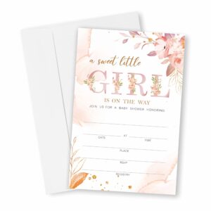 baby shower invitation cards with envelopes, flush pink boho floral baby gender reveal party supplies, baby shower decorations for girl, invites for baby showers and parties - pack of 25(yqk-042)