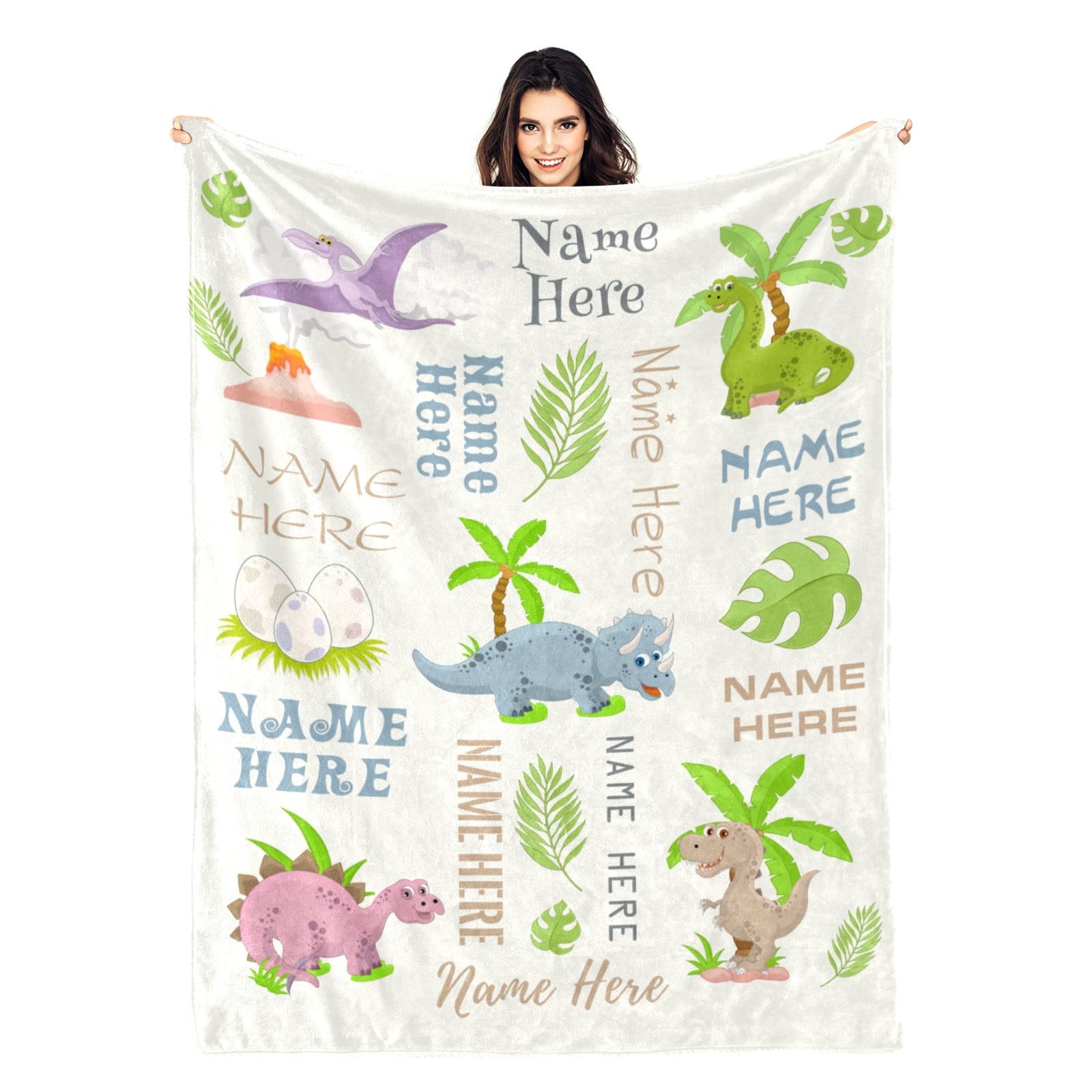 Personalized Dinosaur Throw Blanket for Kids Boys, Dinosaur Design Custom Name Baby Blanket, Baby Swaddle Blankets with Cute Animal, Customized Swadding Blanket for Toddler Newborn Birthday Gifts