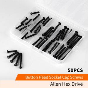 NIULUNBAO M4 x 30mm 35mm 40mm 45mm 50mm Button Head Socket Cap Screws Bolts, 10.9 Grade Alloy Steel Metric, Black Oxide Finish, Allen Hex Drive, Machine Fully Threaded, Assortment Kit 50PCS