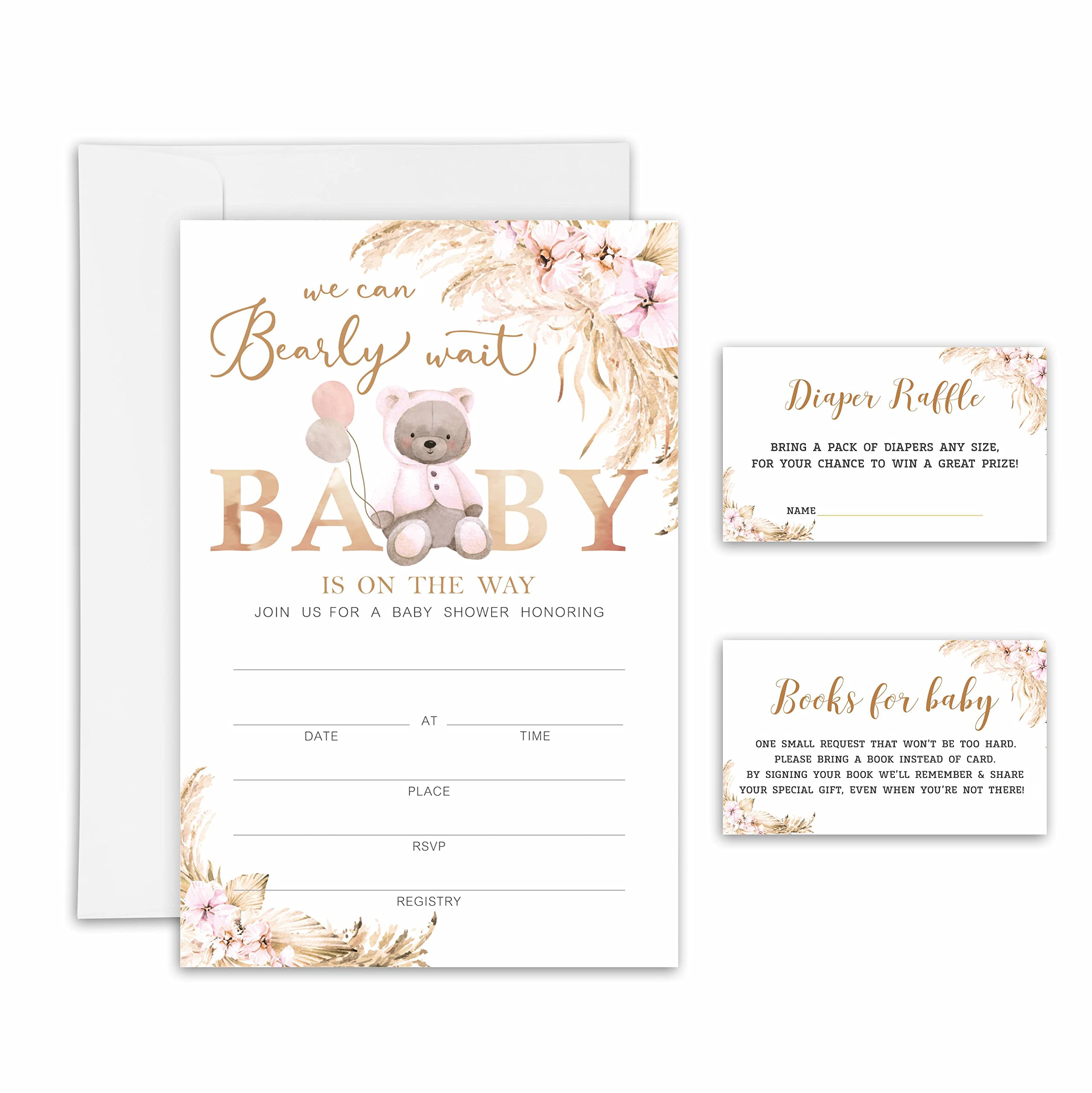 Baby Shower Invitations, Diaper Raffle Tickets and Baby Shower Book Request Cards, Bear Boho Floral Baby Gender Reveal Party Supplies, Gender Neutral Baby Shower Decorations - 25 Sets(YQKTZ-013)