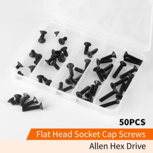 M5 x 8mm 12mm 16mm 20mm 25mm Flat Head Socket Cap Screws Countersunk Bolts, 10.9 Grade Alloy Steel, Black Oxide Finish, Allen Hex Drive, Metric Fully Threaded, Assortment Kit 50PCS