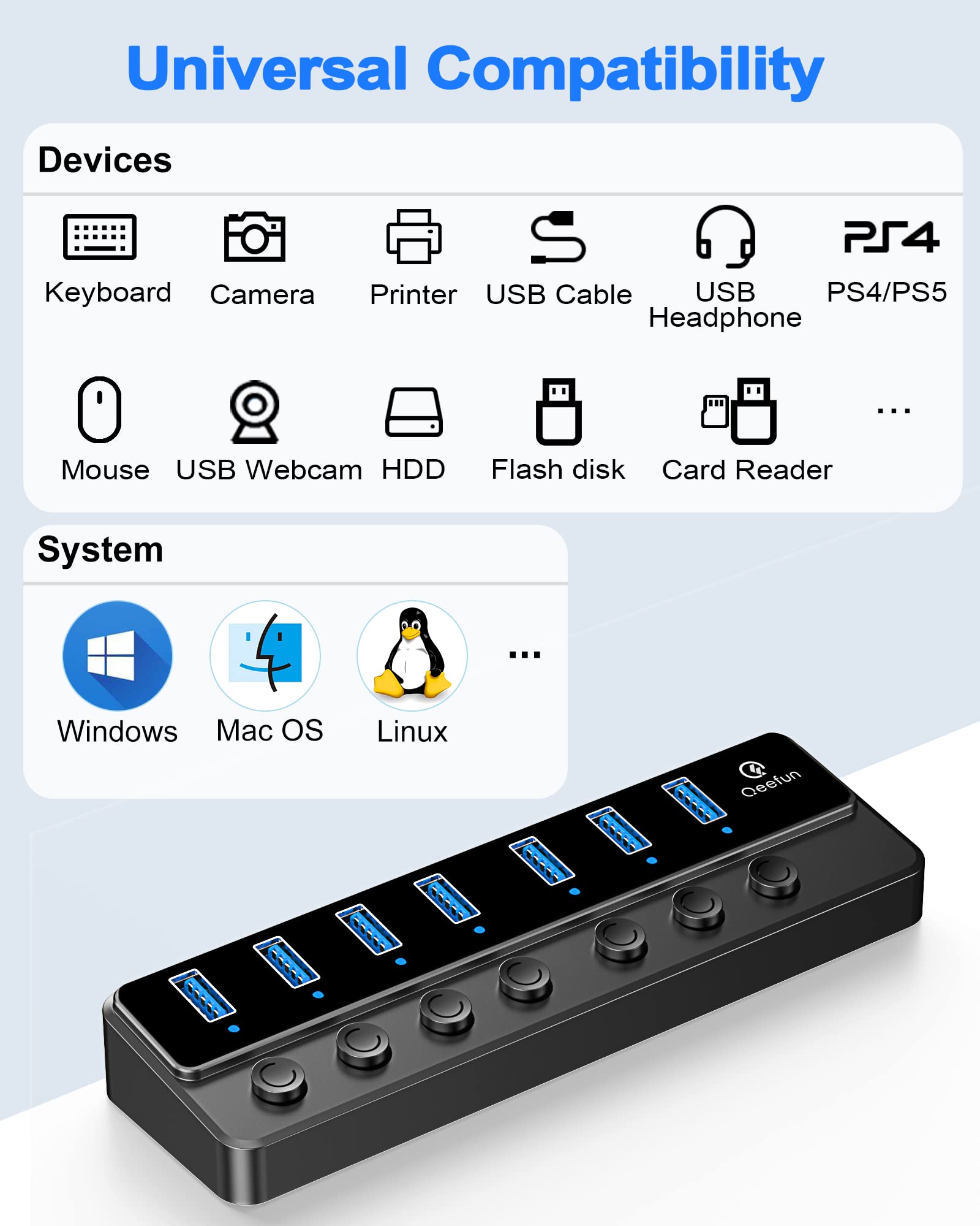 7-Port USB 3.0 Hub, Qeefun 3.0 Powered, USB Adapter USB Extender USB Port Expander USB hub for Laptop, PC, USB Flash Drives, and More ……