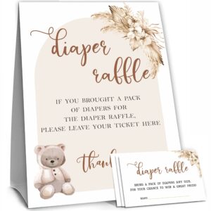 50 Diaper Raffle Tickets and 1 Self-standing Diaper Raffle Sign, Bear Boho Floral Baby Gender Reveal Party Supplies, Gender Neutral Baby Shower Decorations - LBLK-014