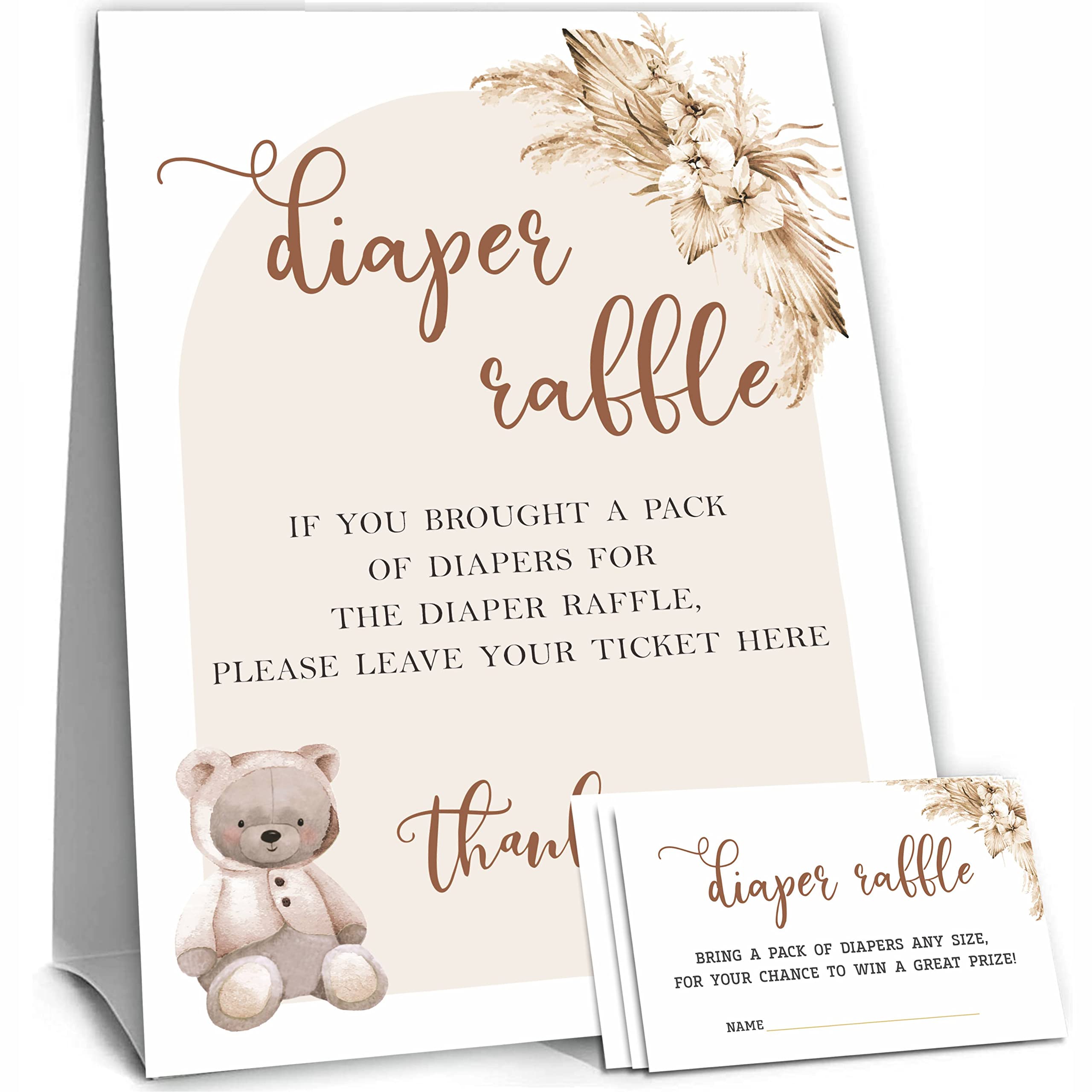 50 Diaper Raffle Tickets and 1 Self-standing Diaper Raffle Sign, Bear Boho Floral Baby Gender Reveal Party Supplies, Gender Neutral Baby Shower Decorations - LBLK-014