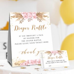 50 Diaper Raffle Tickets and 1 Self-standing Diaper Raffle Sign, Blush Pink Boho Floral Baby Gender Reveal Party Supplies, Gender Neutral Baby Shower Decorations - LBLK-019