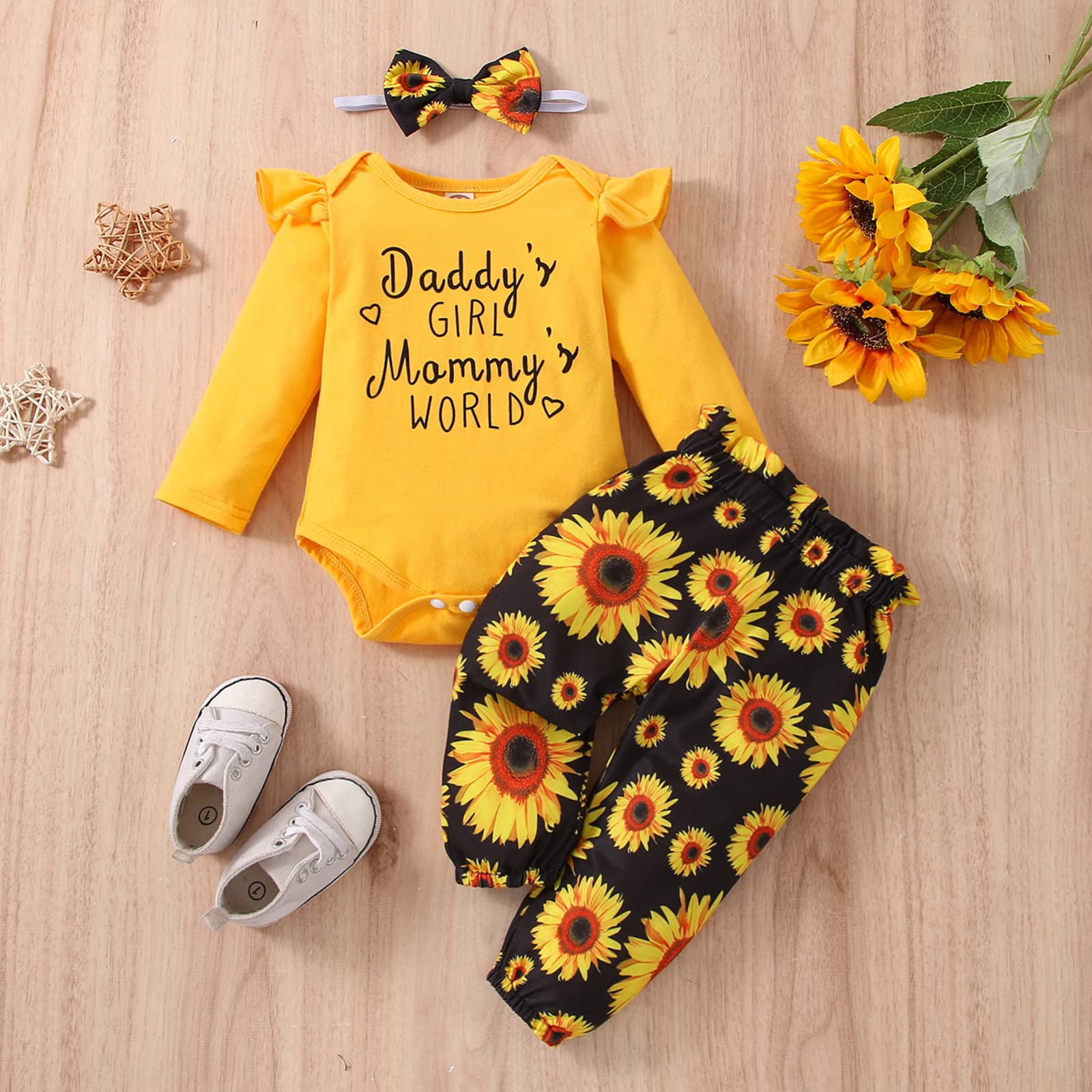 LYQTloml Newborn Baby Girl Clothes Thanksgiving Outfits Infant Romper Ruffle Long Sleeve Sunflower Floral Pants Cute Toddler Baby Girl Clothes Set 3PC Christmas Gifts