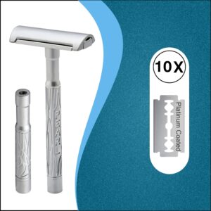 Pearl K2 Dual handle Double Edge Safety Razor made with Brass Metal Handle - New Premium Razor with two handle (long & short) and 10 Premium Stainless Steel Blades for smooth & Irritation-free shave