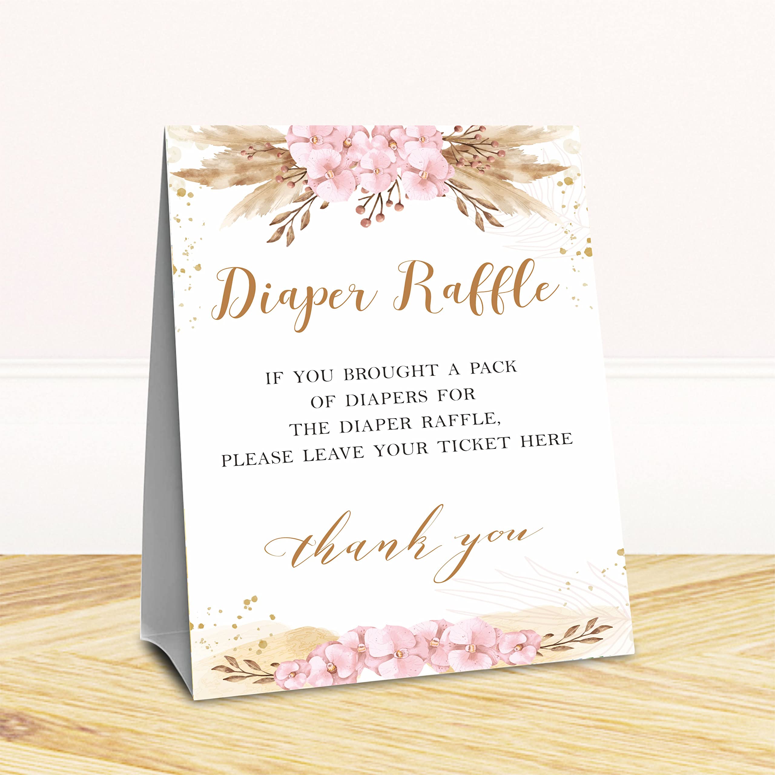 50 Diaper Raffle Tickets and 1 Self-standing Diaper Raffle Sign, Blush Pink Boho Floral Baby Gender Reveal Party Supplies, Gender Neutral Baby Shower Decorations - LBLK-019