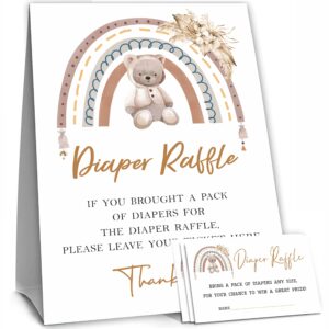 50 Diaper Raffle Tickets and 1 Self-standing Diaper Raffle Sign, Bear Boho Rainbow Baby Gender Reveal Party Supplies, Gender Neutral Baby Shower Decorations - LBLK-017