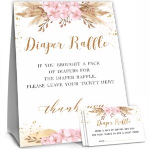 50 Diaper Raffle Tickets and 1 Self-standing Diaper Raffle Sign, Blush Pink Boho Floral Baby Gender Reveal Party Supplies, Gender Neutral Baby Shower Decorations - LBLK-019