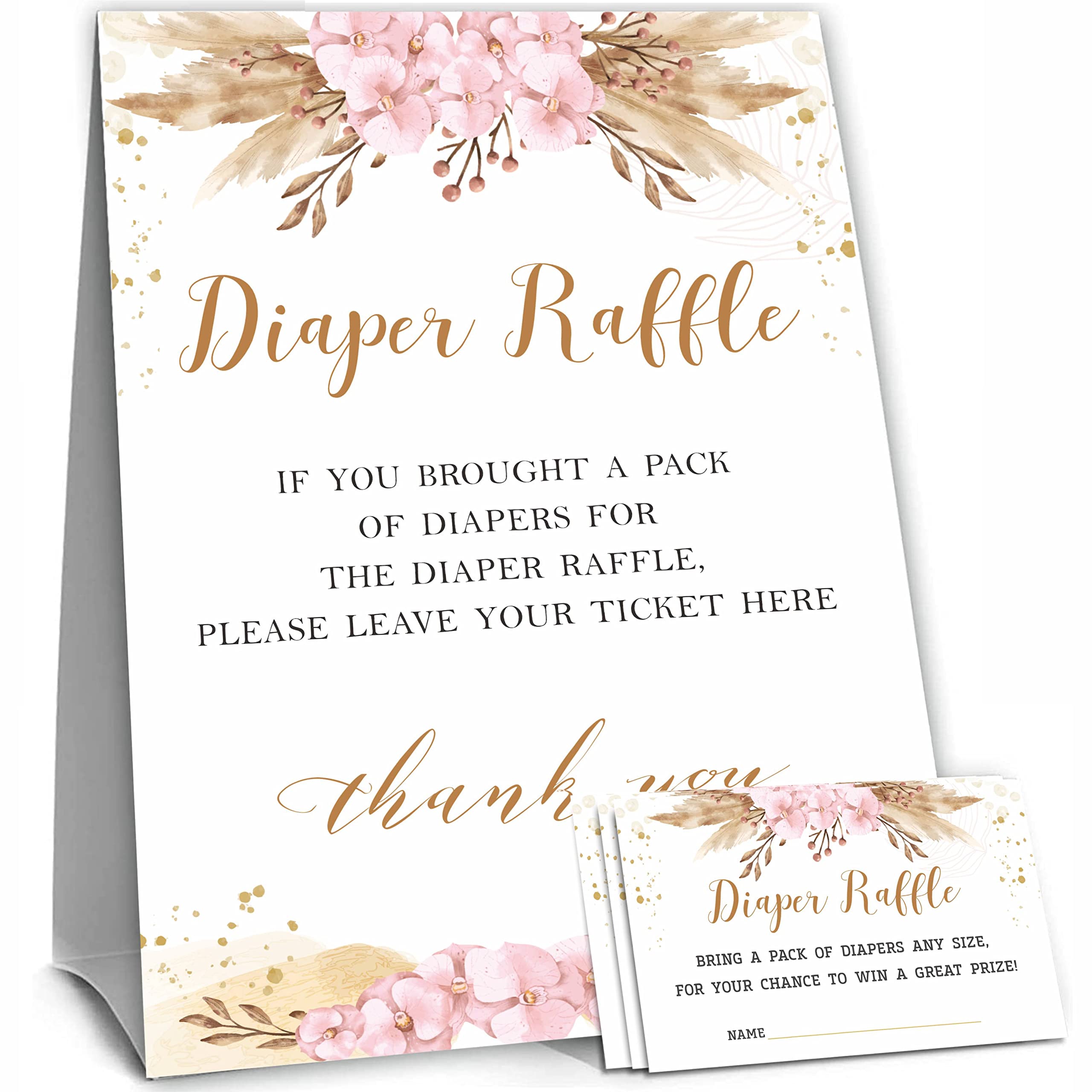 50 Diaper Raffle Tickets and 1 Self-standing Diaper Raffle Sign, Blush Pink Boho Floral Baby Gender Reveal Party Supplies, Gender Neutral Baby Shower Decorations - LBLK-019