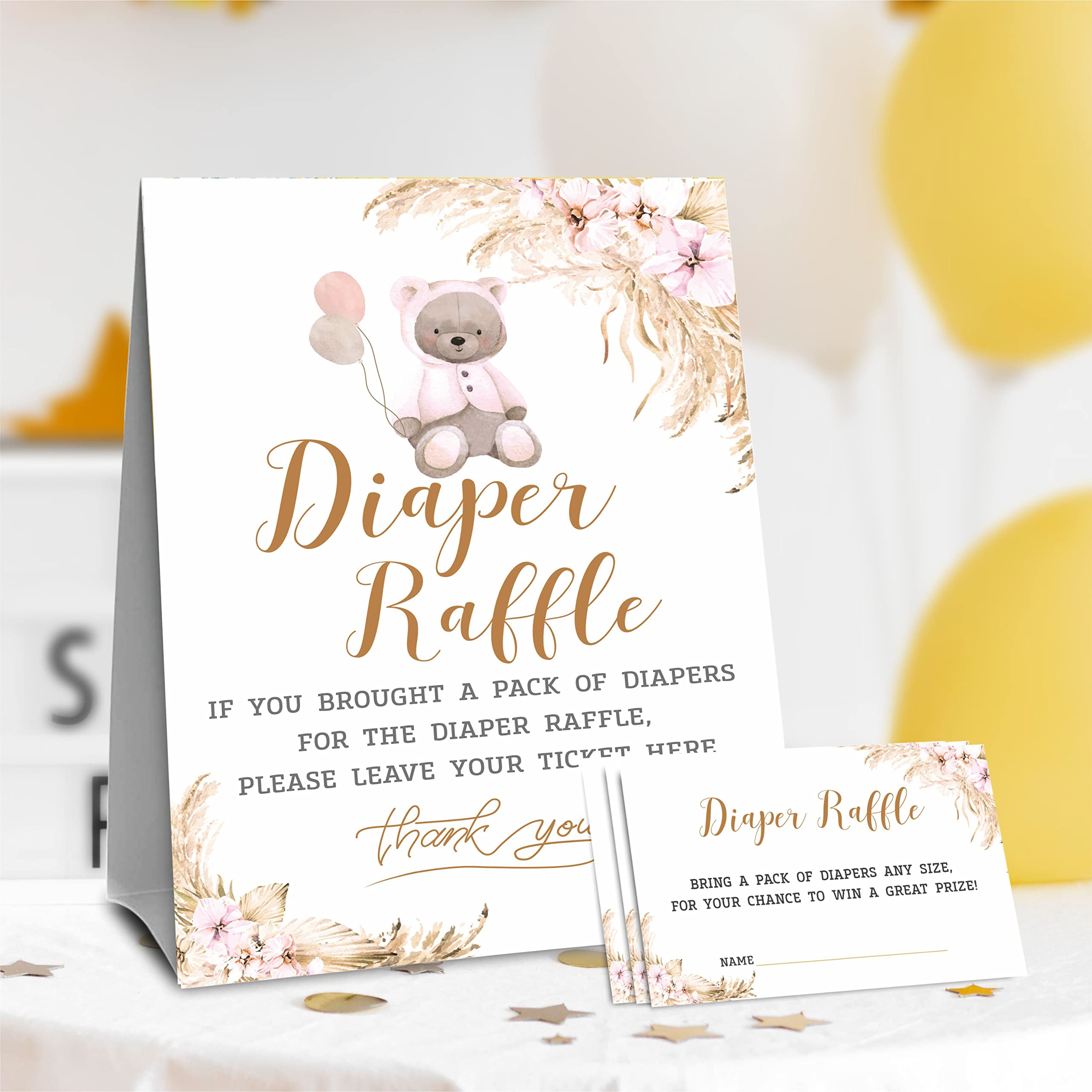 50 Diaper Raffle Tickets and 1 Self-standing Diaper Raffle Sign, Bear Boho Floral Baby Gender Reveal Party Supplies, Gender Neutral Baby Shower Decorations - LBLK-013