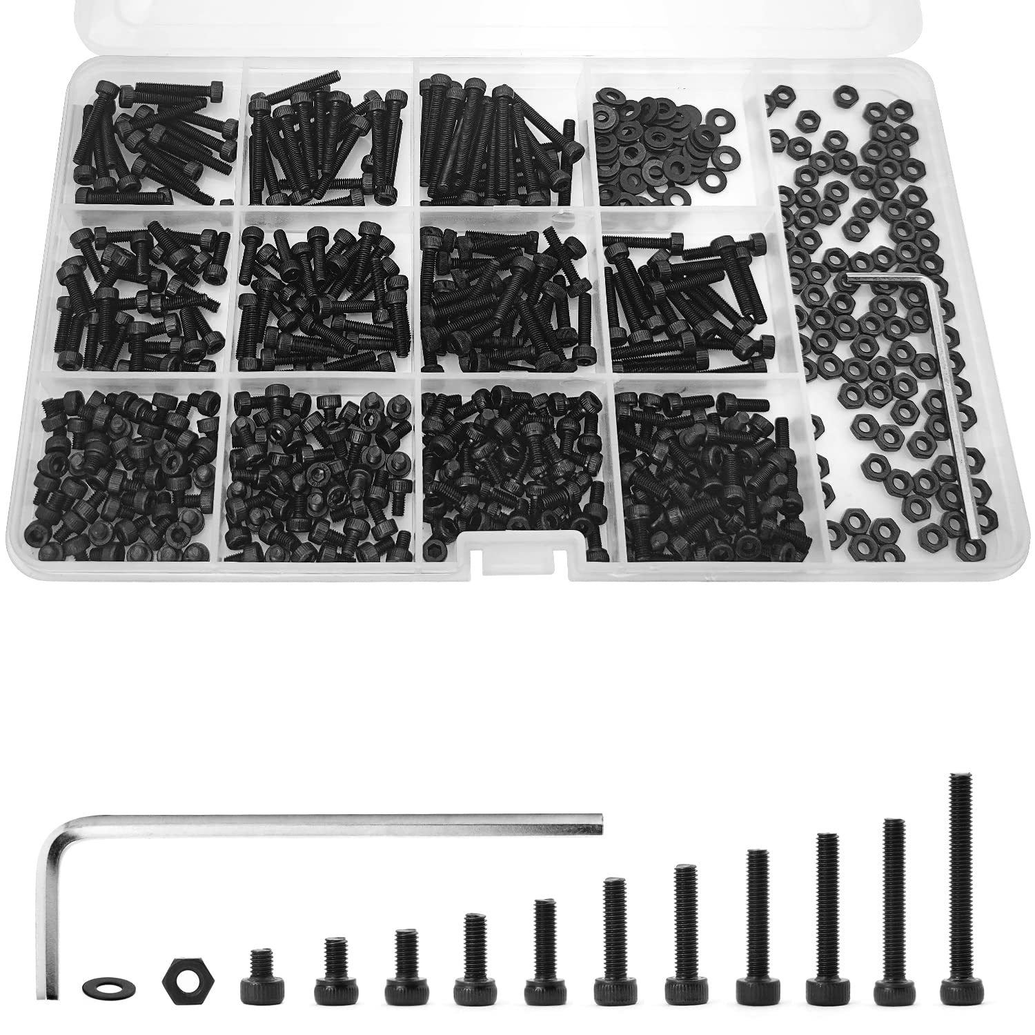 NIULUNBAO 570PCS M3 x 4/5/6/8/10/12/14/16/18/20/25mm Hex Socket Head Cap Screws Bolts and Nuts Flat Washers Assortment Kit, 12.9 Grade Alloy Steel, Black Oxide Finish, Metric Machine Allen Hex Drive