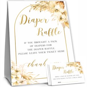 50 diaper raffle tickets and 1 self-standing diaper raffle sign, boho pampas grass dried flower baby gender reveal party supplies, gender neutral baby shower decorations - lblk-009