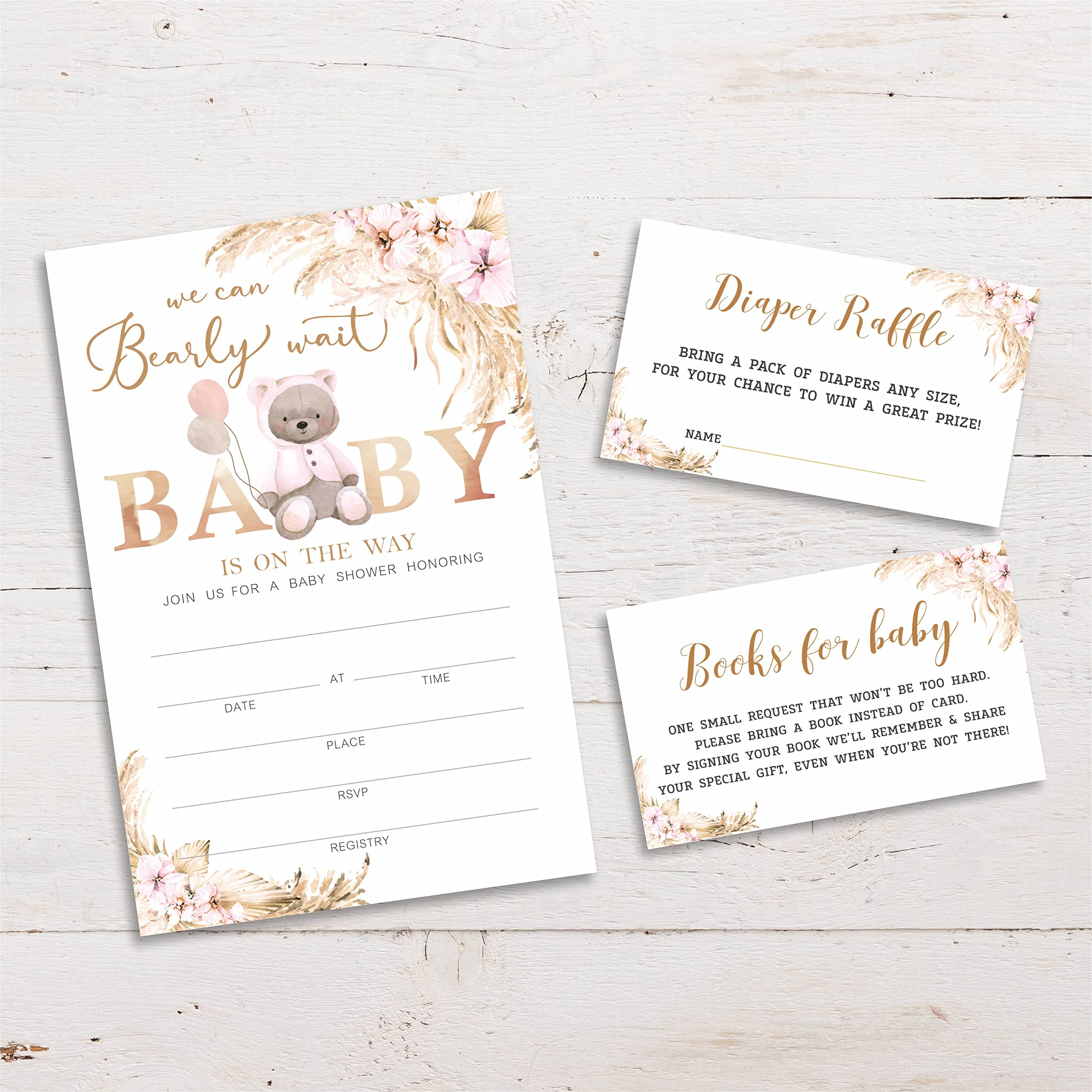 Baby Shower Invitations, Diaper Raffle Tickets and Baby Shower Book Request Cards, Bear Boho Floral Baby Gender Reveal Party Supplies, Gender Neutral Baby Shower Decorations - 25 Sets(YQKTZ-013)