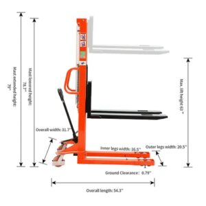 DMC-FPPS 1100lbs Capacity Manual Pallet Stacker, 63" Hydraulic Lift Height, 7.9"-29.3" Width Adjustable Forks, Hand Pallet Truck Forklift