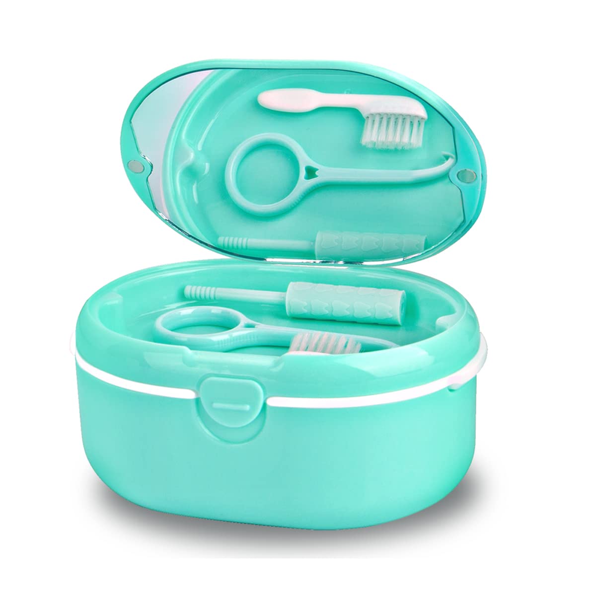 Denture Case, Double Denture Slot Cup Case Wet & Dry Portable Denture Case Portable False Teeth Container, Denture Cup with Lid for Cleaning Household Office Travel (Green)