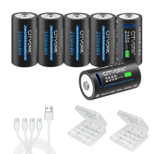 CITYORK CR123A 2550mWh Lithium Battery 6 Pack, 2550mWh CR-123A Lithium Battery for High Intensity Flashlight, Home Safety, Security Devices with 4 in 1 USB-C Cable（Not D Size Battery）