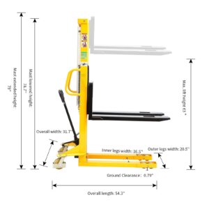 DMC-FPPS 1100lbs Capacity Manual Pallet Stacker, 63" Hydraulic Lift Height, 7.9"-29.3" Width Adjustable Forks, Hand Pallet Truck Forklift