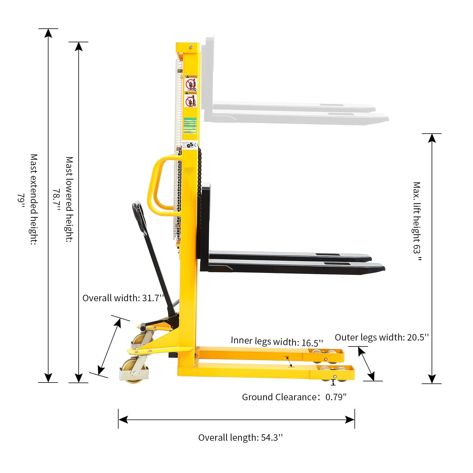 DMC-FPPS 1100lbs Capacity Manual Pallet Stacker, 63" Hydraulic Lift Height, 7.9"-29.3" Width Adjustable Forks, Hand Pallet Truck Forklift